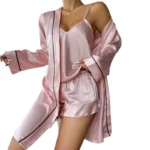 Women’s Ice Silk Sleepwear Three-Piece Set Comfortable Summer Outfit Home Clothes Strap Shorts Robe Outerwear Compatible