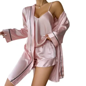 Women's Ice Silk Sleepwear Three-Piece Set Comfortable Summer Outfit Home Clothes Strap Shorts Robe Outerwear Compatible