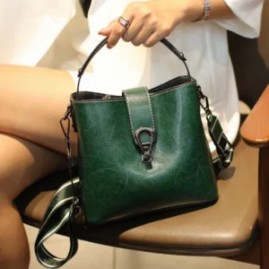 Real Oil Wax Leather Women's Bucket Bag Casual and Simple Handbag Large Capacity Ladies Cowhide Fashionable Crossbody Tote Bag