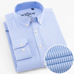 Men's Long Sleeve Oxford Plaid Striped Work Casual Shirt with Pocket, Spring Autumn  Cotton Blend Regular-fit Button-down Shirts