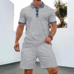 Men Europe and the United States new summer Waffle solid color zip-up lapel short-sleeve suit shorts two sets