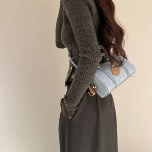 French Hand Boston Bag Women Advanced New Denim Shoulder Crossbody Bag Commuter Makeup Pillow Bag