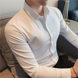 Plus Size 4XL-M High Elasticity Seamless Shirts Men Long Sleeve Slim Casual Luxury Shirt Social Formal Dress Shirts