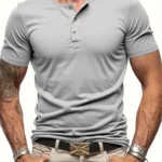 Men’s Short Sleeve Henley Neck T-shirt Solid Color Male Tops Slim Fit Button Neck Casual Cozy Tshirt  Streetwear