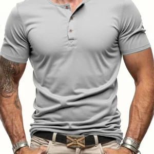 Men's Short Sleeve Henley Neck T-shirt Solid Color Male Tops Slim Fit Button Neck Casual Cozy Tshirt  Streetwear
