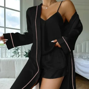 Women's Ice Silk Sleepwear Three-Piece Set Comfortable Summer Outfit Home Clothes Strap Shorts Robe Outerwear Compatible