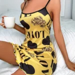Love Heart Print Satin Sleepwear Dress for Women Sexy Spaghetti Strap Nightgown Soft Summer Loungewear Pajama Dress