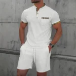 Men Europe and the United States new summer Waffle solid color zip-up lapel short-sleeve suit shorts two sets