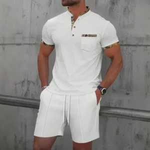 Men Europe and the United States new summer Waffle solid color zip-up lapel short-sleeve suit shorts two sets
