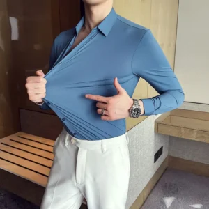 Plus Size 4XL-M High Elasticity Seamless Shirts Men Long Sleeve Slim Casual Luxury Shirt Social Formal Dress Shirts