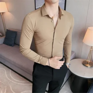 Plus Size 4XL-M High Elasticity Seamless Shirts Men Long Sleeve Slim Casual Luxury Shirt Social Formal Dress Shirts