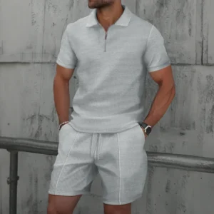 Men Europe and the United States new summer Waffle solid color zip-up lapel short-sleeve suit shorts two sets