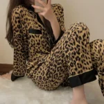 Thailand Spring and Fall Pajamas Set Women’s Fashion Leopard Print Long-Sleeved Sleepwear Loungewear Ladies Upscale Homewear