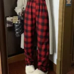 Fashion Warm Plush Pants Cashmere Thick Plaid Ladies Winter Casual Loose Wide-legged Pants Korean Streetwear Students