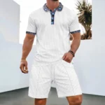 Men Europe and the United States new summer Waffle solid color zip-up lapel short-sleeve suit shorts two sets