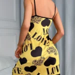 Love Heart Print Satin Sleepwear Dress for Women Sexy Spaghetti Strap Nightgown Soft Summer Loungewear Pajama Dress