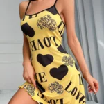 Love Heart Print Satin Sleepwear Dress for Women Sexy Spaghetti Strap Nightgown Soft Summer Loungewear Pajama Dress