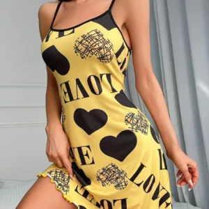 Love Heart Print Satin Sleepwear Dress for Women Sexy Spaghetti Strap Nightgown Soft Summer Loungewear Pajama Dress