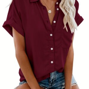 Women'S Short Sleeve V-Neck Button-Up Shirt with Pockets - Light Gray, Casual Summer Top, Perfect for Vacation or Casual Attire,