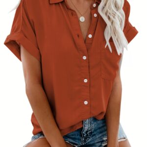 Women'S Short Sleeve V-Neck Button-Up Shirt with Pockets - Light Gray, Casual Summer Top, Perfect for Vacation or Casual Attire,