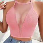 Women’s Sexy Mesh Vest – Slim Fit Halter Neck Cross-Back Top with Adjustable Hanging Neckline, Vibrant Orange  Black | Layering