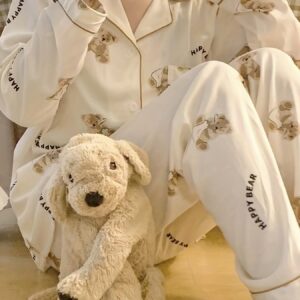 Long Sleeve Cartoon Bear Print Pajama Set, Women's Cute Lapel Blouse Top & Elastic Waistband Pants for Loungewear & Sleepwear