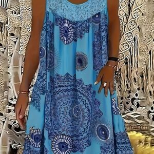Plus Size Casual Dress, Women's Plus Tile Print Eyelet Embroidered Round Neck Tank Dress