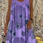 Plus Size Casual Dress, Women’s Plus Tile Print Eyelet Embroidered Round Neck Tank Dress