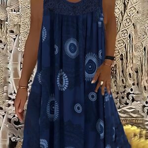 Plus Size Casual Dress, Women's Plus Tile Print Eyelet Embroidered Round Neck Tank Dress