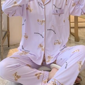 Long Sleeve Cartoon Bear Print Pajama Set, Women's Cute Lapel Blouse Top & Elastic Waistband Pants for Loungewear & Sleepwear