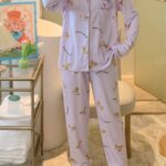 Long Sleeve Cartoon Bear Print Pajama Set, Women’s Cute Lapel Blouse Top & Elastic Waistband Pants for Loungewear & Sleepwear