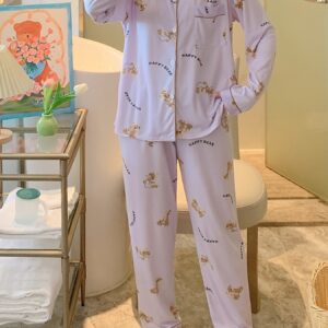 Long Sleeve Cartoon Bear Print Pajama Set, Women's Cute Lapel Blouse Top & Elastic Waistband Pants for Loungewear & Sleepwear