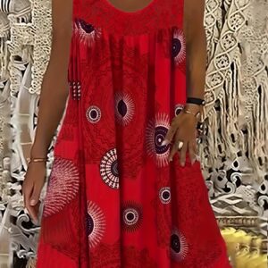 Plus Size Casual Dress, Women's Plus Tile Print Eyelet Embroidered Round Neck Tank Dress