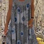 Plus Size Casual Dress, Women’s Plus Tile Print Eyelet Embroidered Round Neck Tank Dress