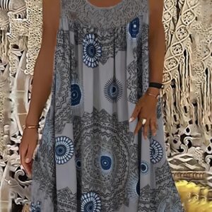Plus Size Casual Dress, Women's Plus Tile Print Eyelet Embroidered Round Neck Tank Dress