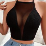 Women’s Sexy Mesh Vest – Slim Fit Halter Neck Cross-Back Top with Adjustable Hanging Neckline, Vibrant Orange  Black | Layering