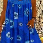Plus Size Casual Dress, Women’s Plus Tile Print Eyelet Embroidered Round Neck Tank Dress