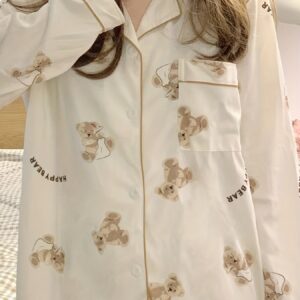 Long Sleeve Cartoon Bear Print Pajama Set, Women's Cute Lapel Blouse Top & Elastic Waistband Pants for Loungewear & Sleepwear