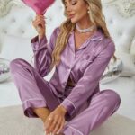 Solid Satin Pajama Set, Comfy Long Sleeve Pocket Button Up Top & Elastic Waistband Pants, Women’s Sleepwear & Loungewear