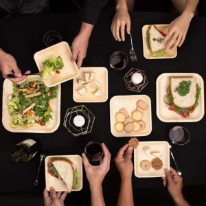 Unbreakable Eco Bamboo Disposable Dinner Plates 8 inch Round/Square with Spoon for Parties Picnics Camping