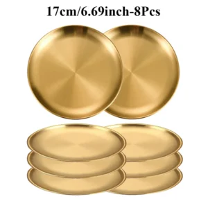8PC Metal Dining Dish Stainless Steel Round Plate Shallow Tray 14/17/20/23/26cm BBQ Picnic Camping Food Container Tableware Set