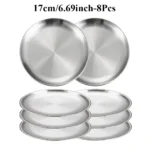 8PC Metal Dining Dish Stainless Steel Round Plate Shallow Tray 14/17/20/23/26cm BBQ Picnic Camping Food Container Tableware Set