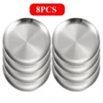 8PC Metal Dining Dish Stainless Steel Round Plate Shallow Tray 14/17/20/23/26cm BBQ Picnic Camping Food Container Tableware Set