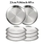 8PC Metal Dining Dish Stainless Steel Round Plate Shallow Tray 14/17/20/23/26cm BBQ Picnic Camping Food Container Tableware Set