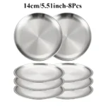 8PC Metal Dining Dish Stainless Steel Round Plate Shallow Tray 14/17/20/23/26cm BBQ Picnic Camping Food Container Tableware Set