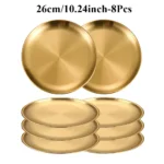 8PC Metal Dining Dish Stainless Steel Round Plate Shallow Tray 14/17/20/23/26cm BBQ Picnic Camping Food Container Tableware Set