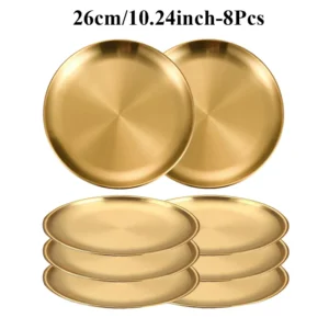 8PC Metal Dining Dish Stainless Steel Round Plate Shallow Tray 14/17/20/23/26cm BBQ Picnic Camping Food Container Tableware Set