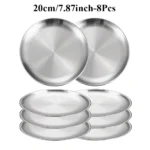 8PC Metal Dining Dish Stainless Steel Round Plate Shallow Tray 14/17/20/23/26cm BBQ Picnic Camping Food Container Tableware Set