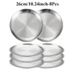 8PC Metal Dining Dish Stainless Steel Round Plate Shallow Tray 14/17/20/23/26cm BBQ Picnic Camping Food Container Tableware Set