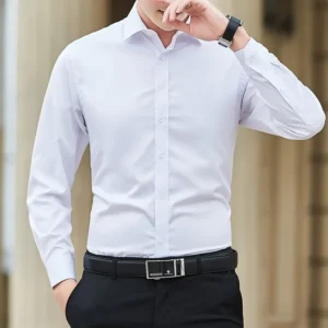 Plus Size Men Solid Color Business Shirt Fashion Classic Basic Casual Slim White Long Sleeve Shirt Brand Clothes